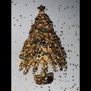 Christmas Tree Gold Brooch with colorful stones